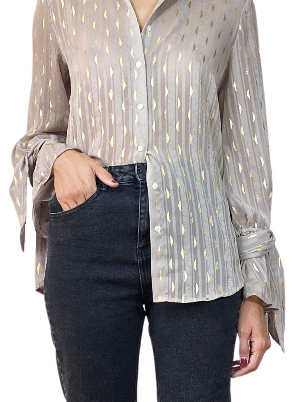 Womens Taupe Button-Down Blouse with Metallic Gold Detail
